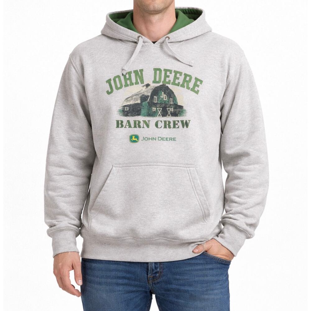 John Deere Barn Crew Mens Hoodie Gray Green Pullover Sweatshirt Sz L Farm Tracto